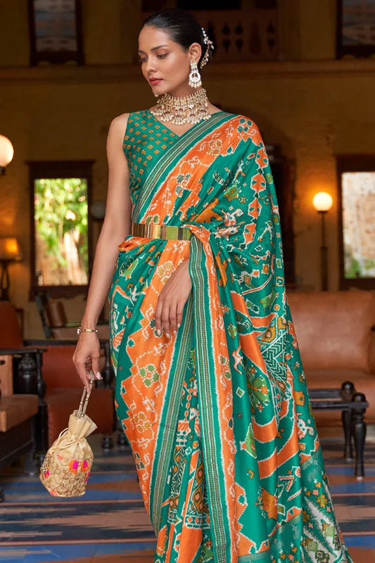 Green Orange Dual Tone Patola Saree - EZBER
