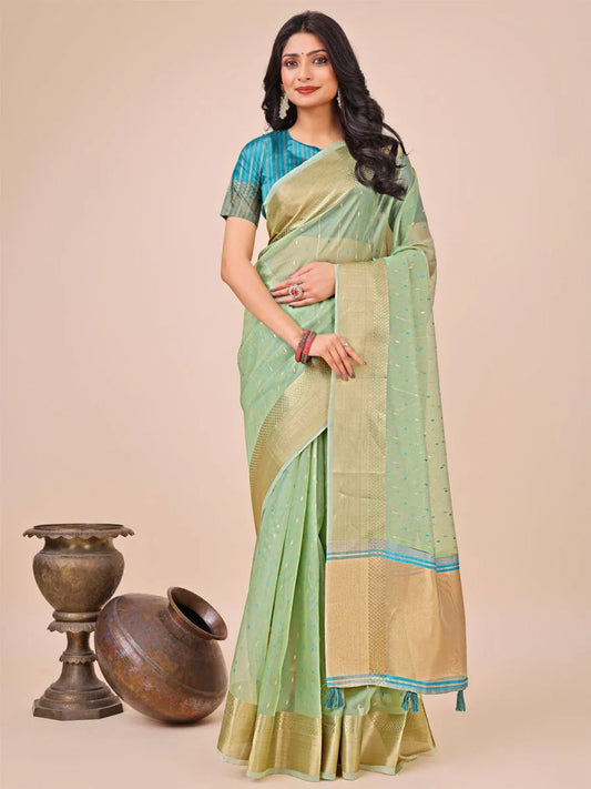 Green Organza Saree With Blouse Piece - EZBER