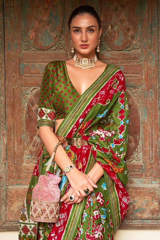 Green Red Dual Tone Patola Saree - EZBER