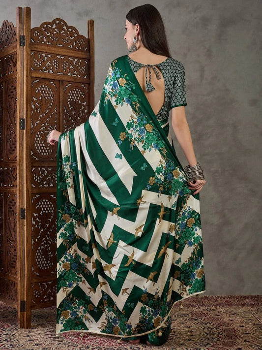 Green Semi Modal Saree With Blouse Piece - EZBER