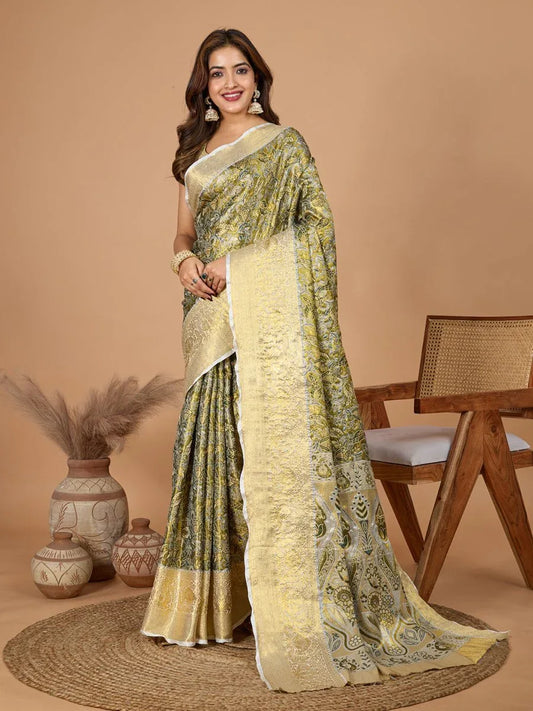 Green Semi Silk Saree With Blouse Piece - EZBER