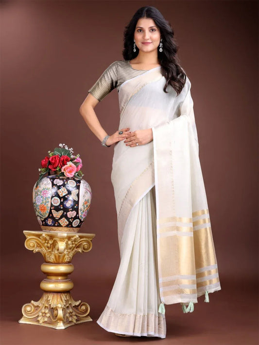 Grey Cotton Saree With Blouse Piece - EZBER