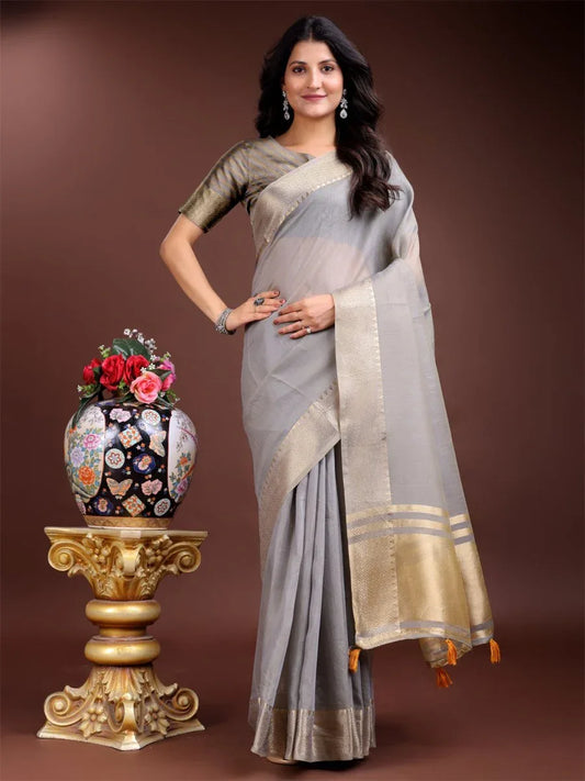 Grey Cotton Saree With Blouse Piece - EZBER