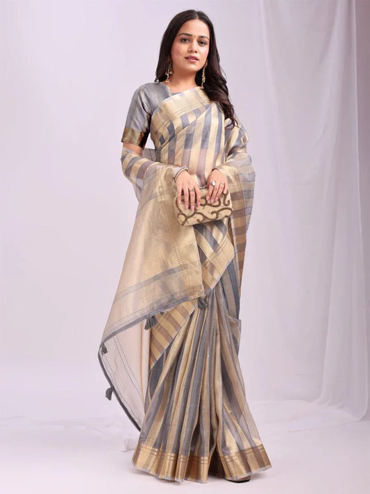 Grey FOSHAN Organza Saree with Blouse Piece - EZBER