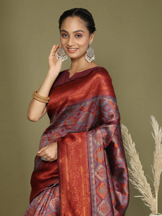 Grey Lichi Silk Saree With Blouse Piece - EZBER