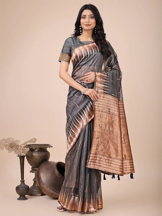 Grey Linen Cotton Saree With Blouse Piece - EZBER