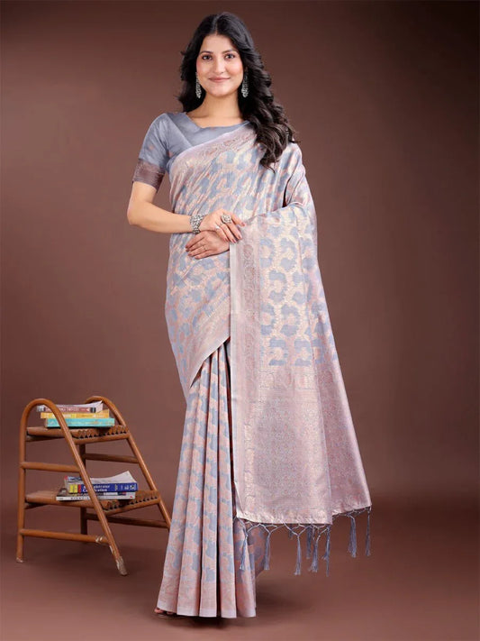 Grey Linen Cotton Saree With Blouse Piece - EZBER