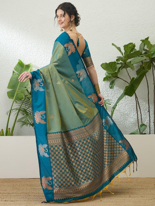 Handloom Silk Teal Printed Saree | EZB GF02 NOOR V1 32005 - EZBER
