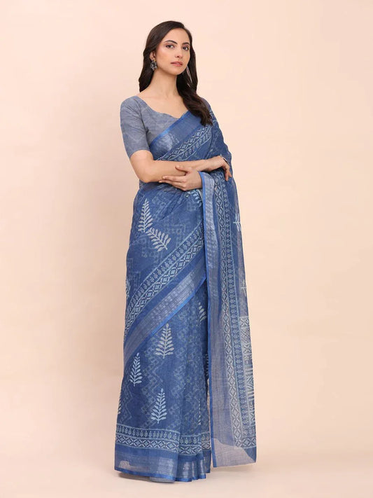 Indigo Blue SANSKRIT PRINTS Linen Cotton Saree with Blouse Piece - EZBER