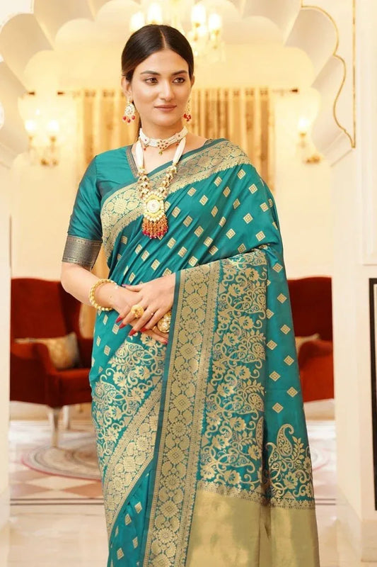 Blue Banarasi silk Saree with Blouse Piece | EZBER