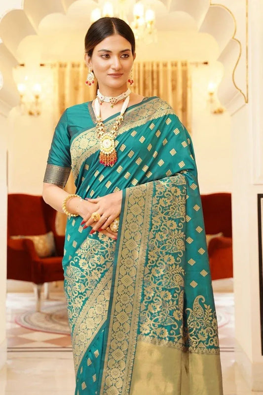 Jade Impact Blue Banarasi Saree - EZBER