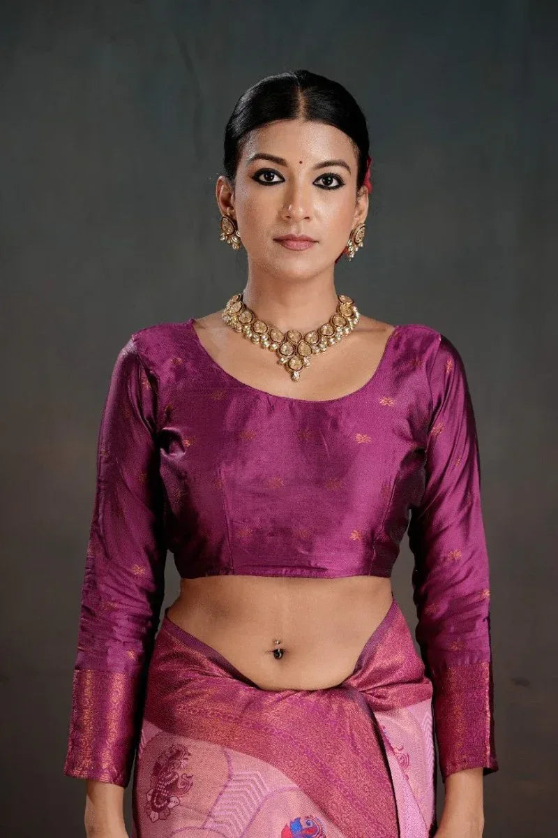 Pink Kanjeevaram Silk Saree with Blouse Piece | EZBER
