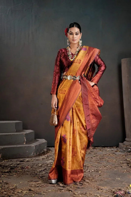 Orange Kanjeevaram Silk Saree with Blouse Piece | EZBER