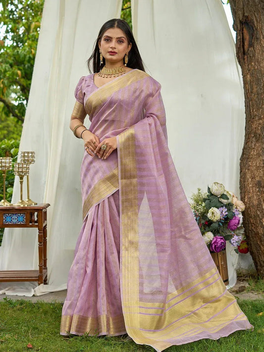 Purple Organza Saree with Blouse Piece | EZBER