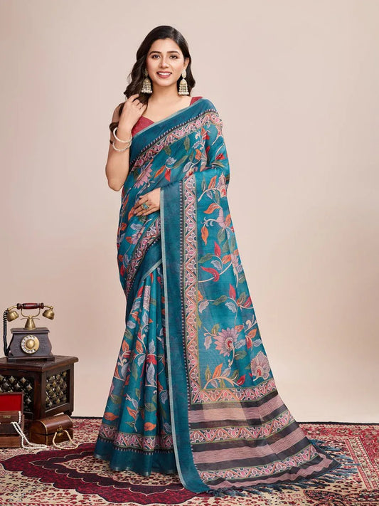 Light Blue Linen Blend Saree With Blouse Piece - EZBER