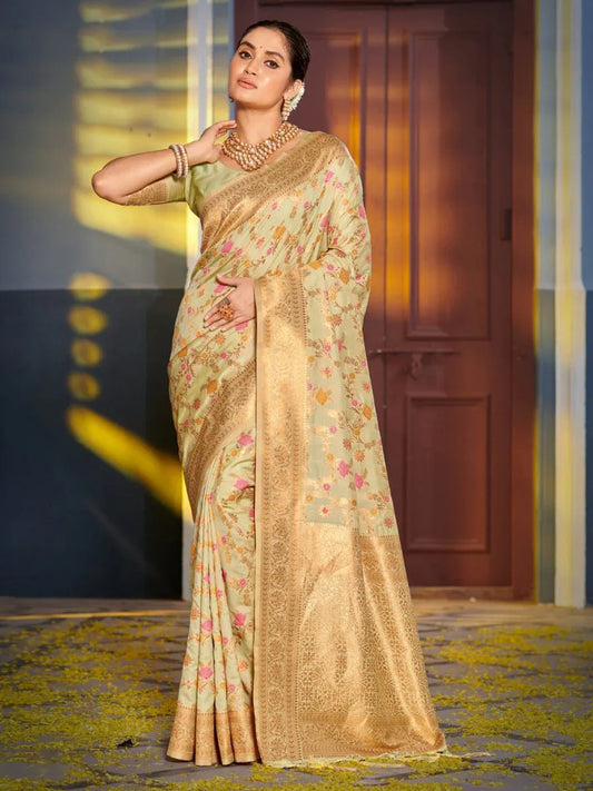 Light Green Banarasi silk Saree With Blouse Piece - EZBER