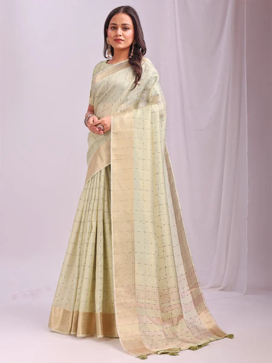 Light Green CASUAL CHECKS Organza Saree with Blouse Piece - EZBER