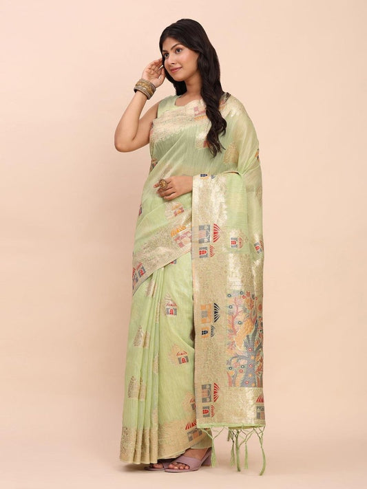 Light Green Linen Cotton Brocade Saree | EZB SI04 ASLIS1004 - EZBER