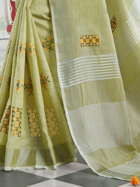 Light Green Linen Cotton Handloom Saree | EZB SI04 SGAMY24005 - EZBER