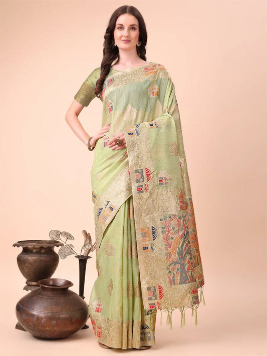 Light Green Linen Cotton Saree With Blouse Piece - EZBER