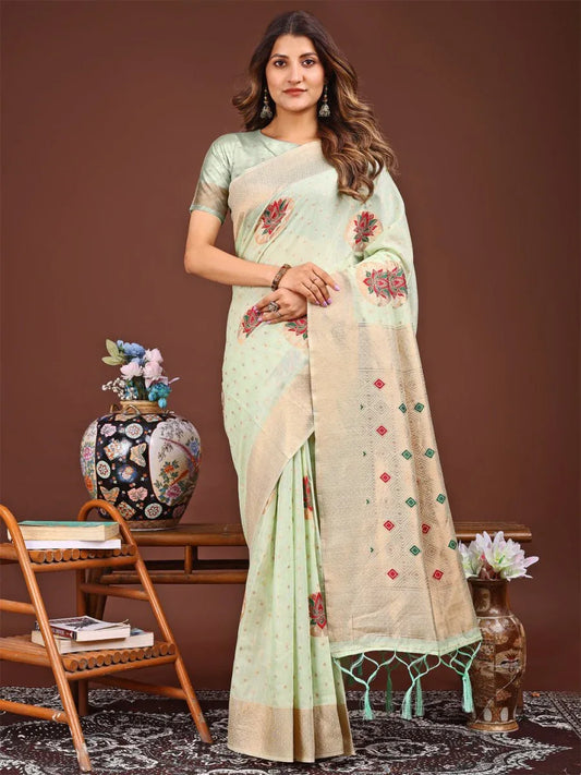 Light Green Linen Cotton Saree With Blouse Piece - EZBER