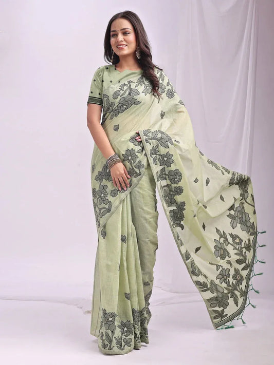 Light Green Linen Cotton Saree With Blouse Piece - EZBER