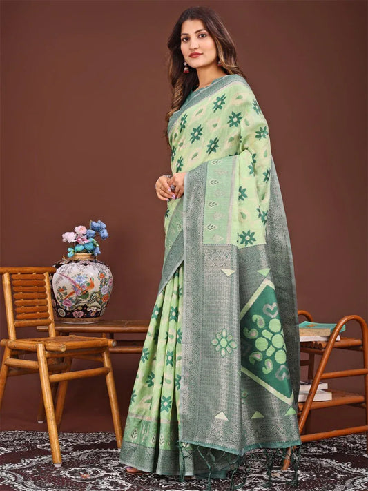 Light Green Linen Cotton Saree With Blouse Piece - EZBER