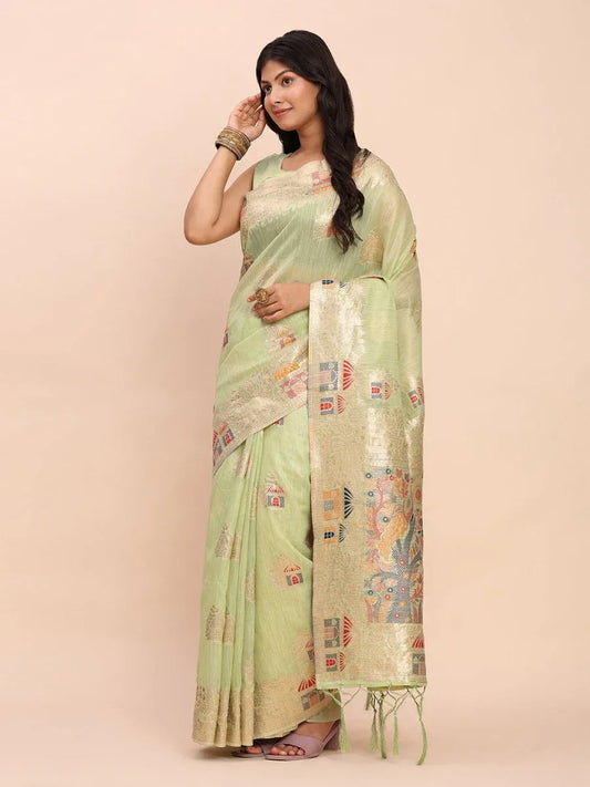 Light Green LINEN COTTON Saree With Blouse Piece - EZBER