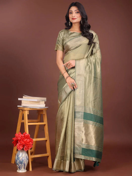 Light Green Organza Saree With Blouse Piece - EZBER