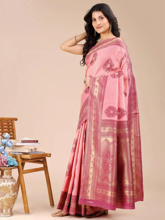 Light Pink & Magenta Banarasi Silk Saree With Blouse Piece - EZBER