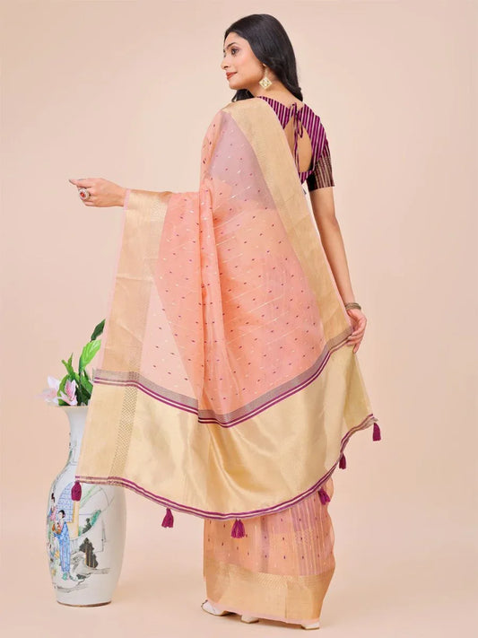 Light Pink Organza Saree With Blouse Piece - EZBER
