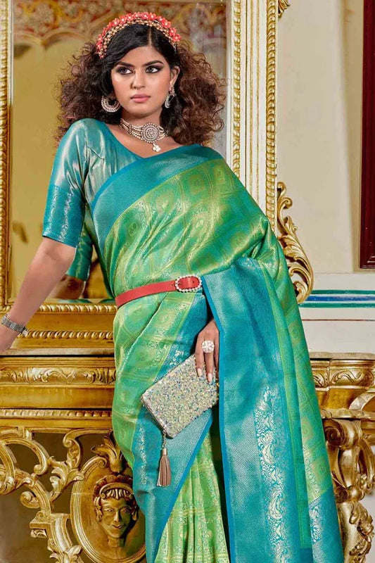 Green Banarasi silk Saree with Blouse Piece | EZBER