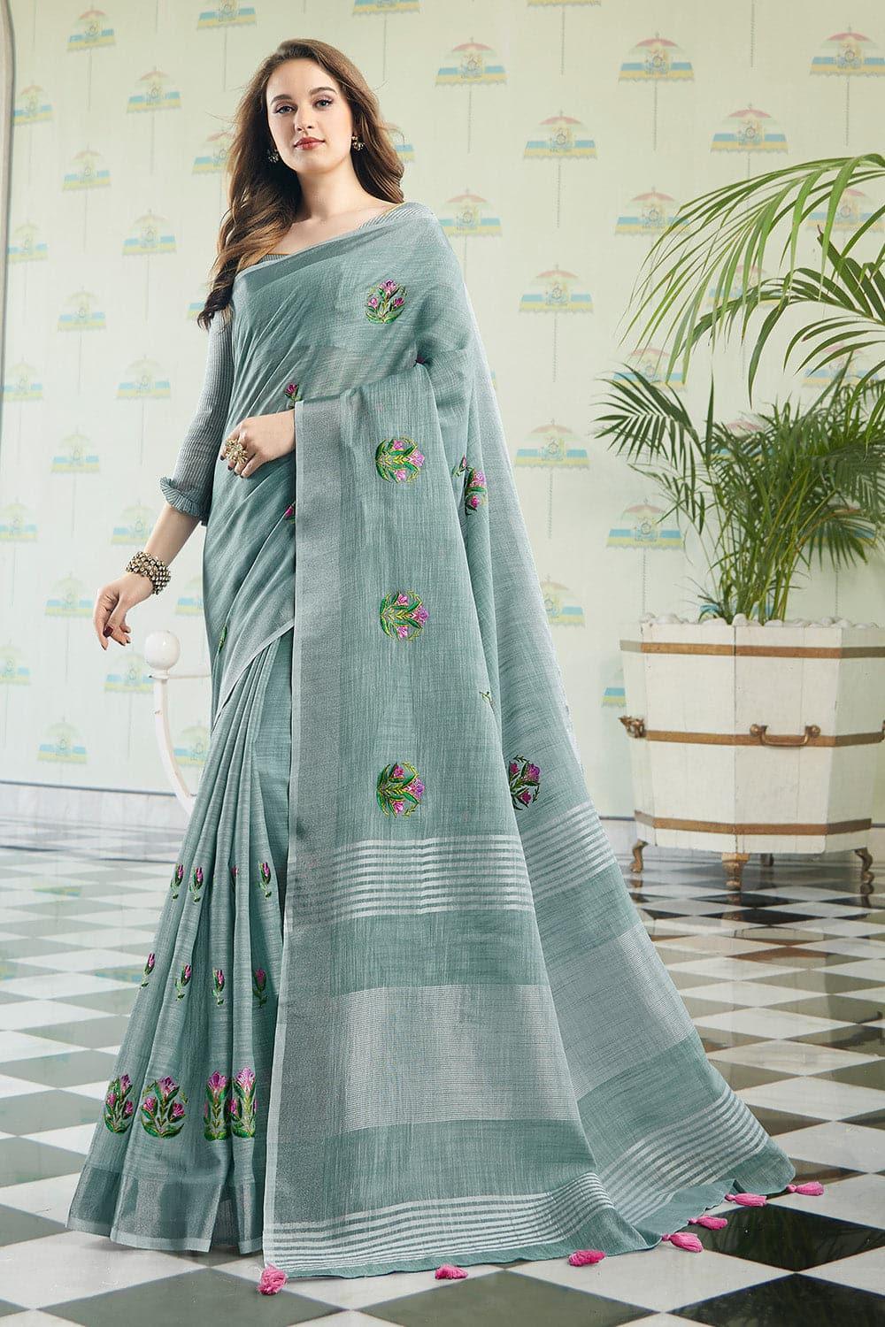 Abalone Grey Linen Blend Saree - EZBER