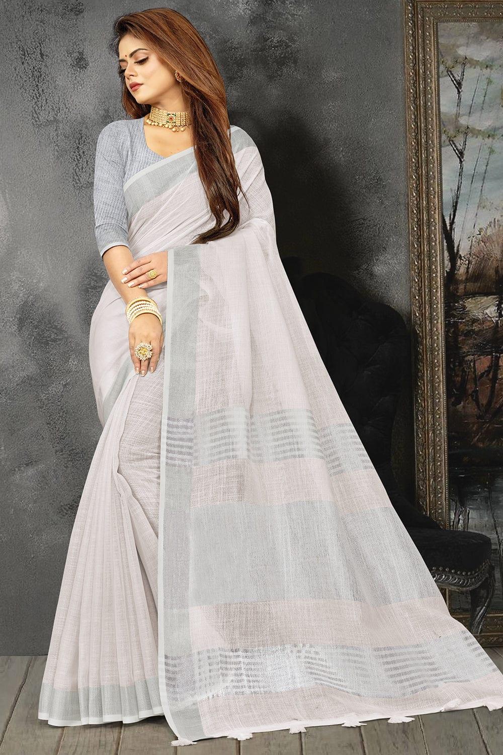 Off White Linen Blend Saree - EZBER