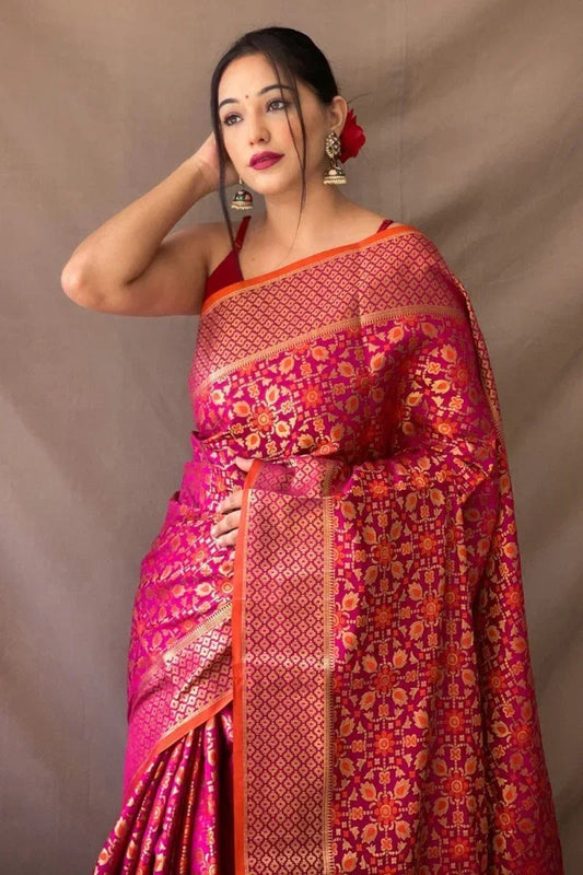 Pink Patola Saree with Blouse Piece - EZBER