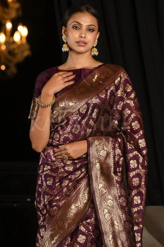 Maroon Banarasi silk Saree with Blouse Piece | EZBER