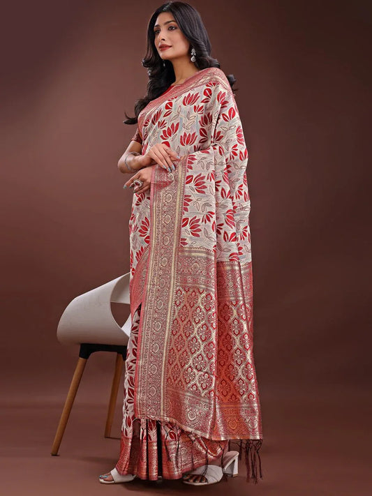 Maroon Linen Cotton Saree With Blouse Piece - EZBER