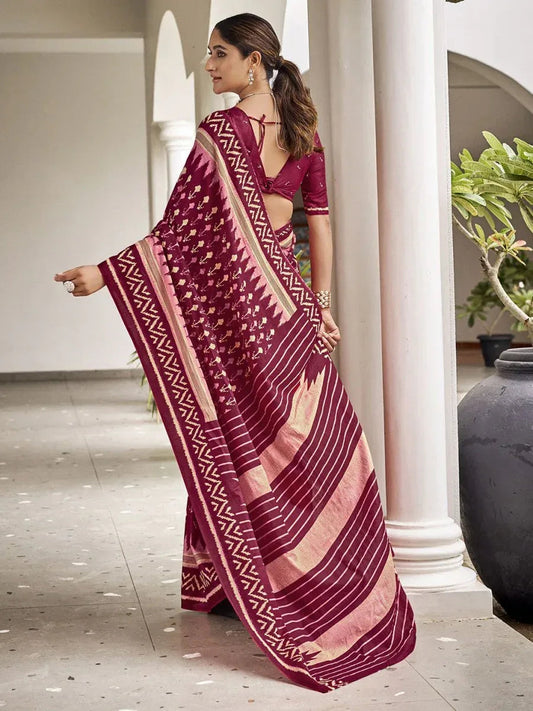 Maroon Cotton Saree with Blouse Piece | EZBER