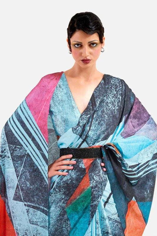 Maya Blue Satin Crep Saree - EZBER