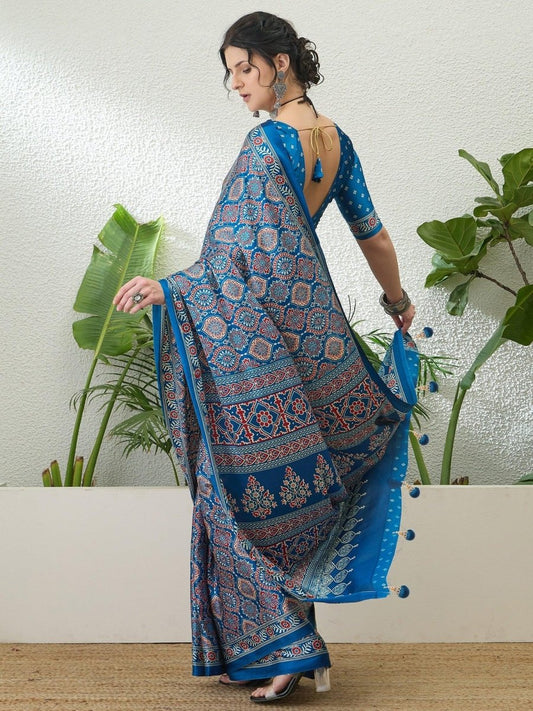 Modal Blue Printed Saree | EZB GF02 LUX 16003 - EZBER