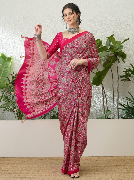 Modal Pink Printed Saree | EZB GF02 LUX 16004 - EZBER