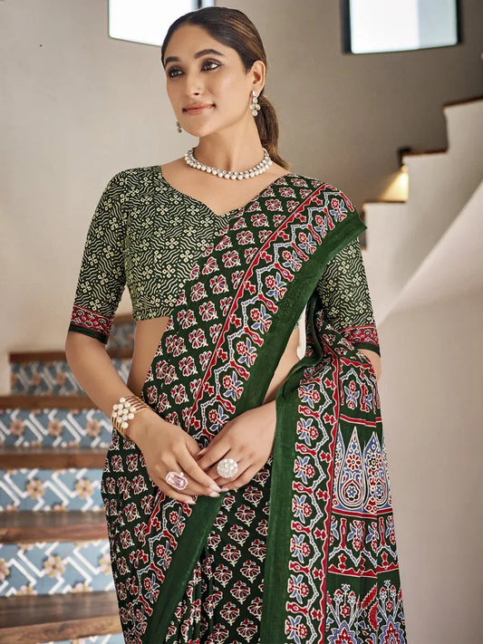 Multi Colour Mulmul Cottons Saree With Blouse Piece - EZBER