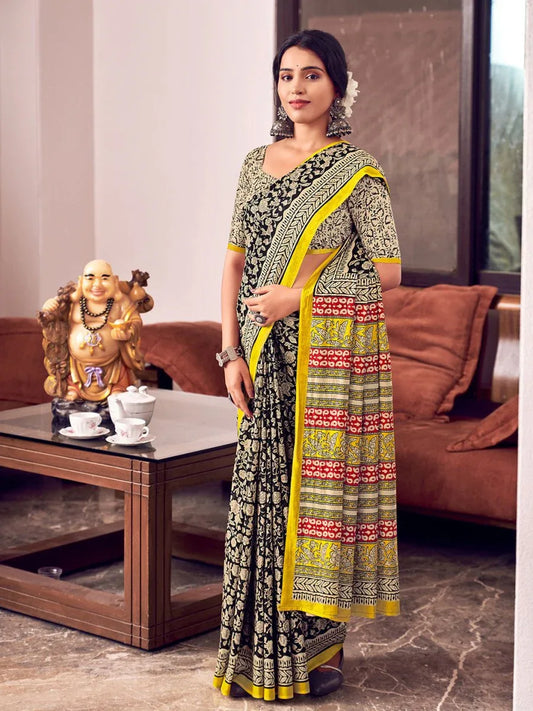 Multi Colour Mulmul Cottons Saree With Blouse Piece - EZBER