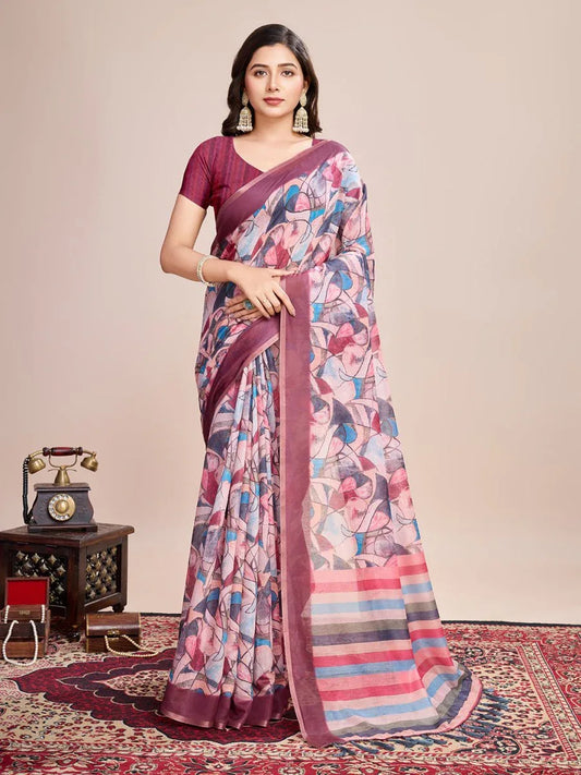 Multicolour Linen Blend Saree With Blouse Piece - EZBER