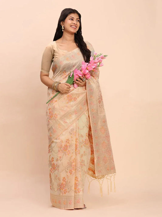 Off White Linen Cotton Saree With Blouse Piece - EZBER