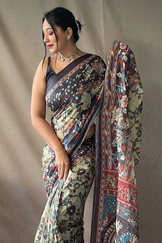 Olive Green Kalamkari Saree - EZBER