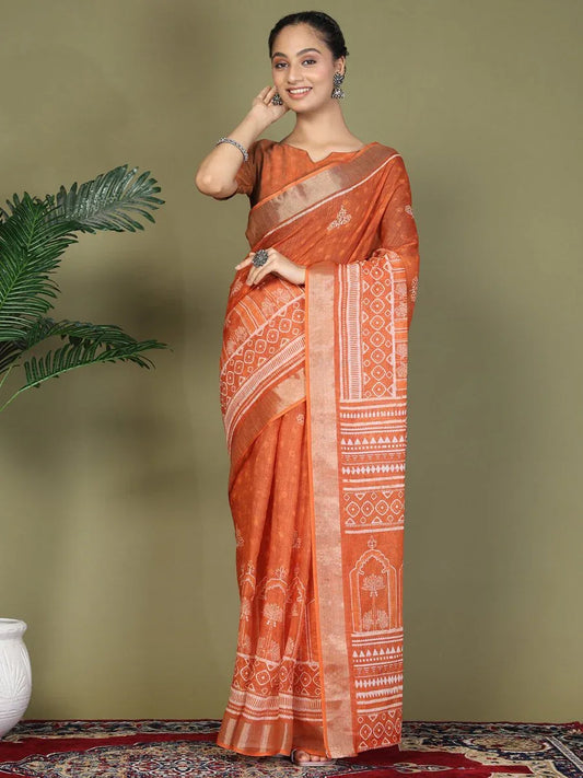 Orange Cotton Saree With Blouse Piece - EZBER
