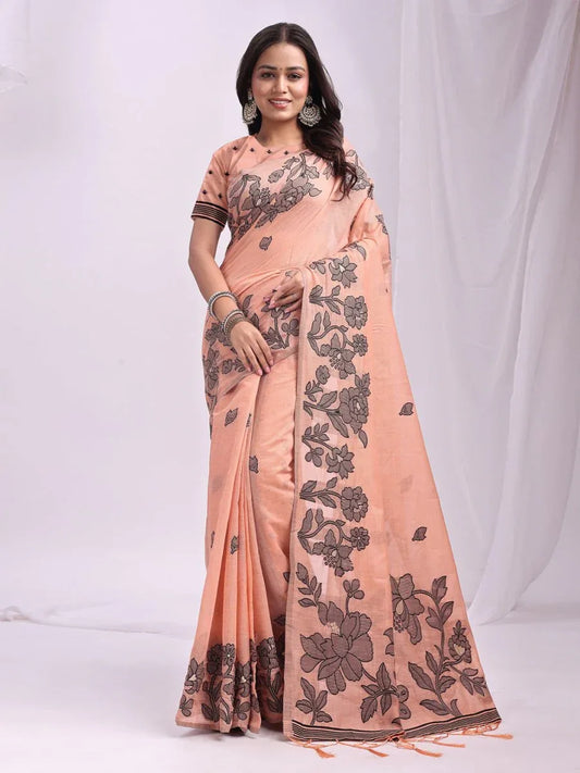 Orange Linen Cotton Saree With Blouse Piece - EZBER