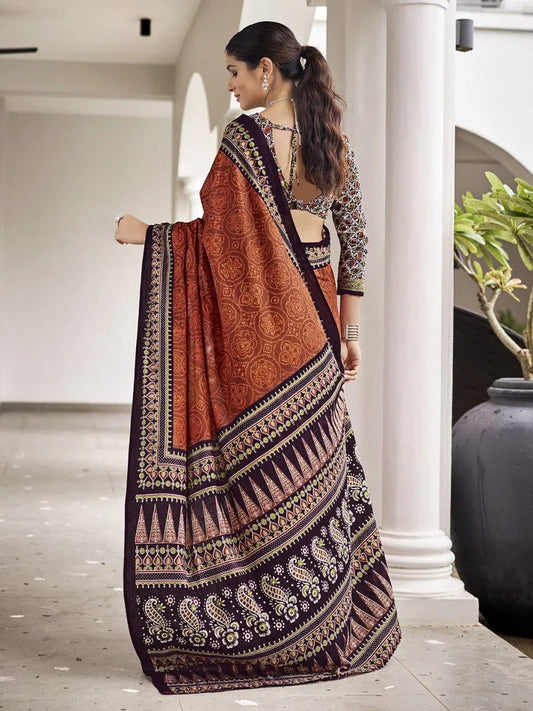 Orange Mulmul Cottons Saree With Blouse Piece - EZBER