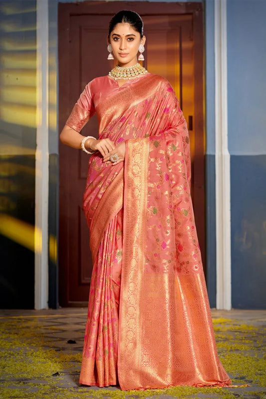 Peach Banarasi Silk Saree With Blouse Piece - EZBER